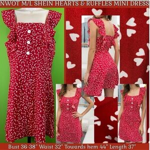 M/L NWOT SHEIN RED W PETITE WHITE HEARTS MINI DRESS W RUFFLE STRAPS ROCKABILLY